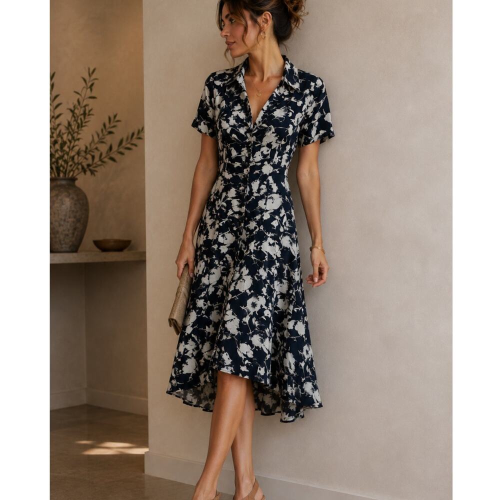 Jason Wu Collective Blue White Floral Print A Line Dress Womens 10 Collared